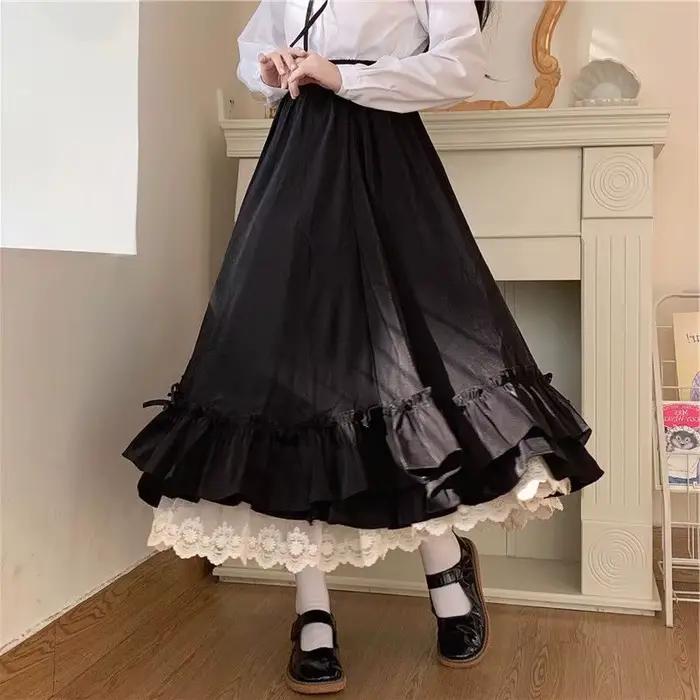 Mode douce jupe Midi femmes dentelle Patchwork nœud Preppy automne jupes décontractées amples japonaises à volants