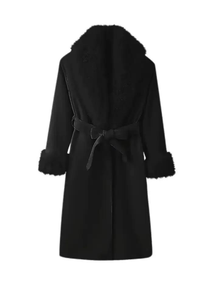 HH femme mode polyvalent fausse fourrure effet revers manches longues ceinture décoration Long manteau femme hiver décontracté déplacements pardessus