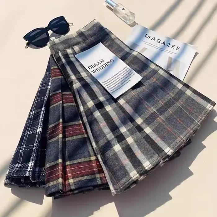 Jupes plissées en laine à carreaux pour femmes automne hiver taille haute Preppy chaud Mini