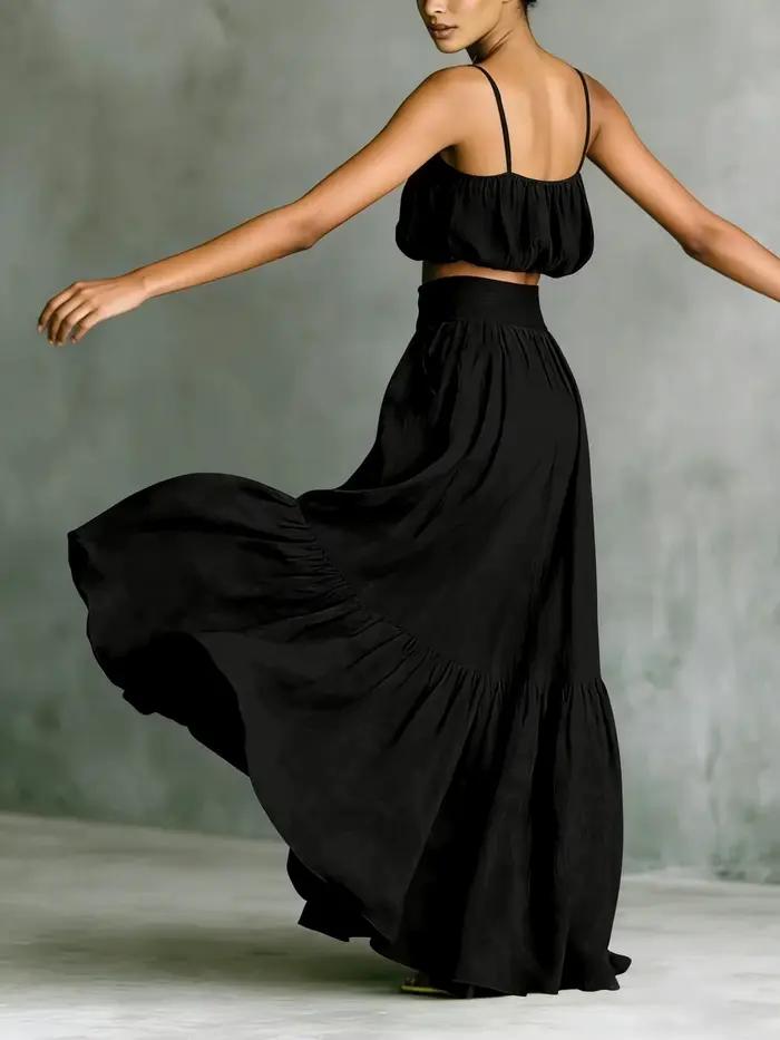 Ensemble jupe midi et haut à col halter pour femme avec large ourlet – Tenue élégante deux pièces