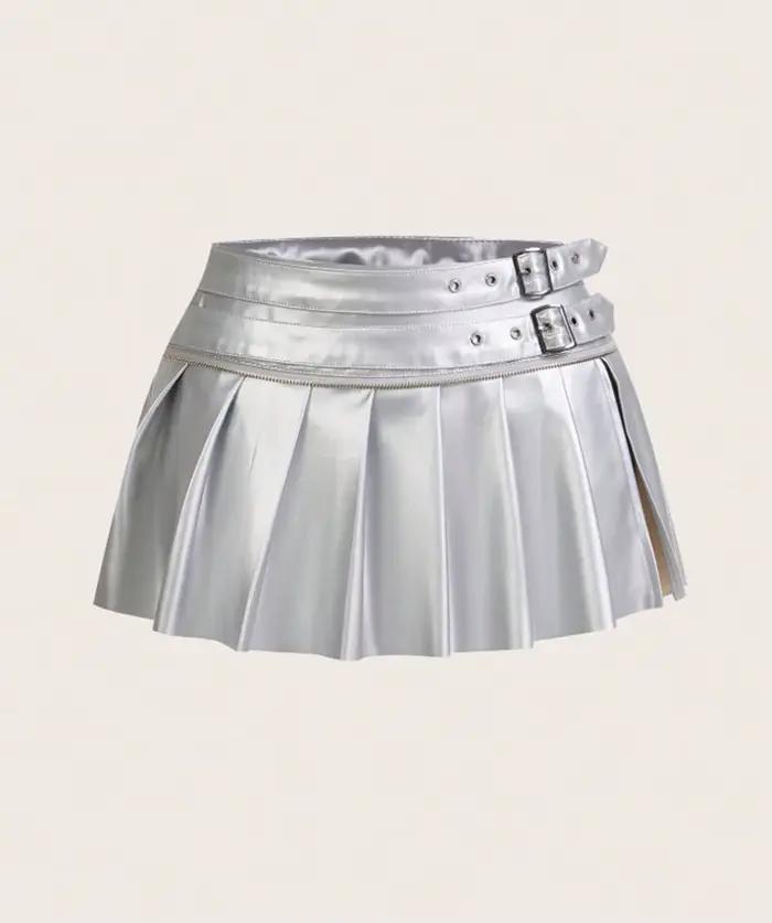 Jupe plissée en cuir PU JCLOTHZI avec écharpes pour femmes, mini jupes fendues, couleur argent, rouge, brun, fuchsia, occasion spéciale