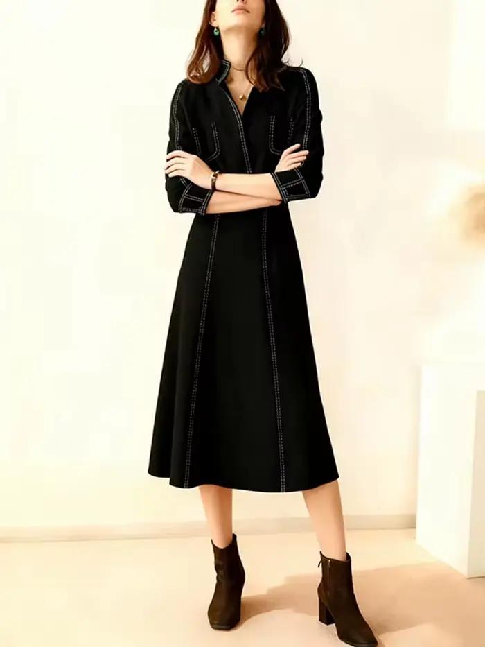 Robe midi noire pour femme 2026 – Robes décontractées élégantes pour femme – Tenues décontractées à col en V et surpiqûres contrastées
