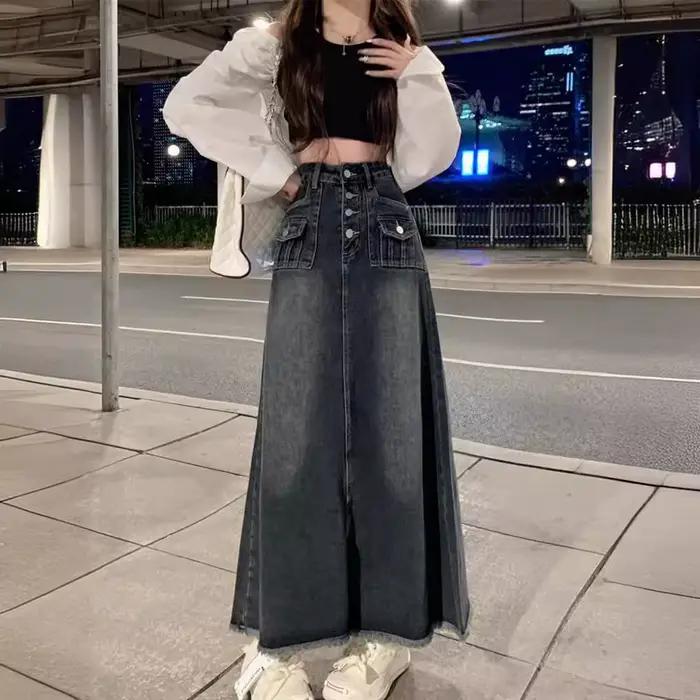 Jupe mi-longue en jean taille haute coupe trapèze pour femme