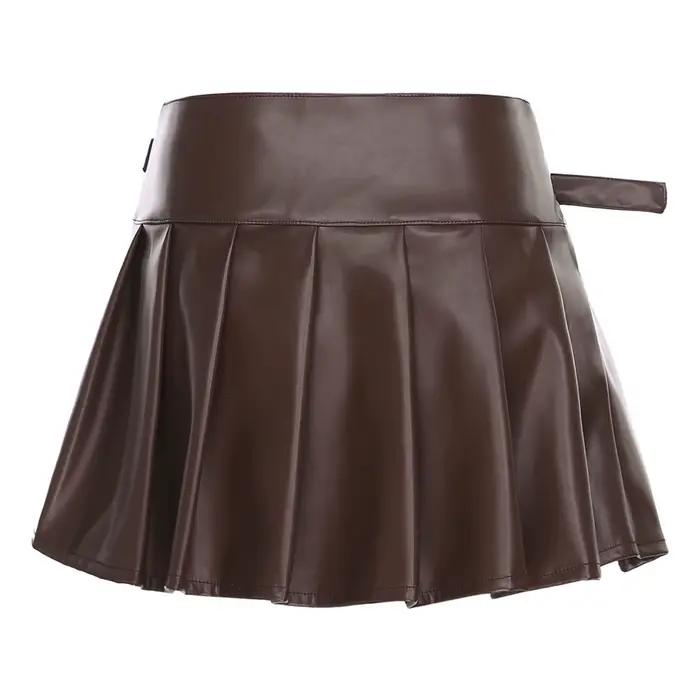 Jupe Y2K pour femmes avec fermeture éclair latérale, jupe courte en PU intégrée, taille haute, jupe mini trapèze avec ceinture, jupes de fille épicée, streetwear
