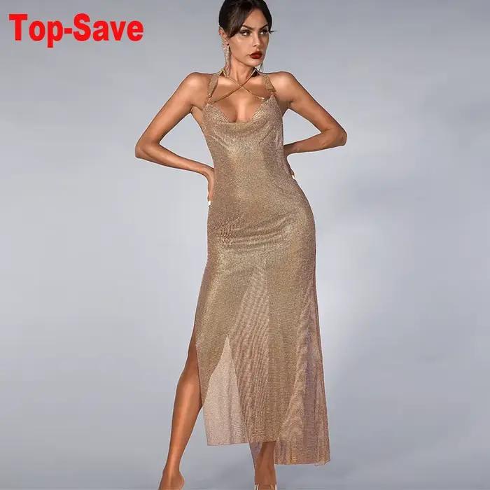 Robe dos nu en biscuits pour femmes, vêtements de boîte de nuit, licou en métal, robes de soirée longues, vêtements de plage, tempérament, automne, 2024