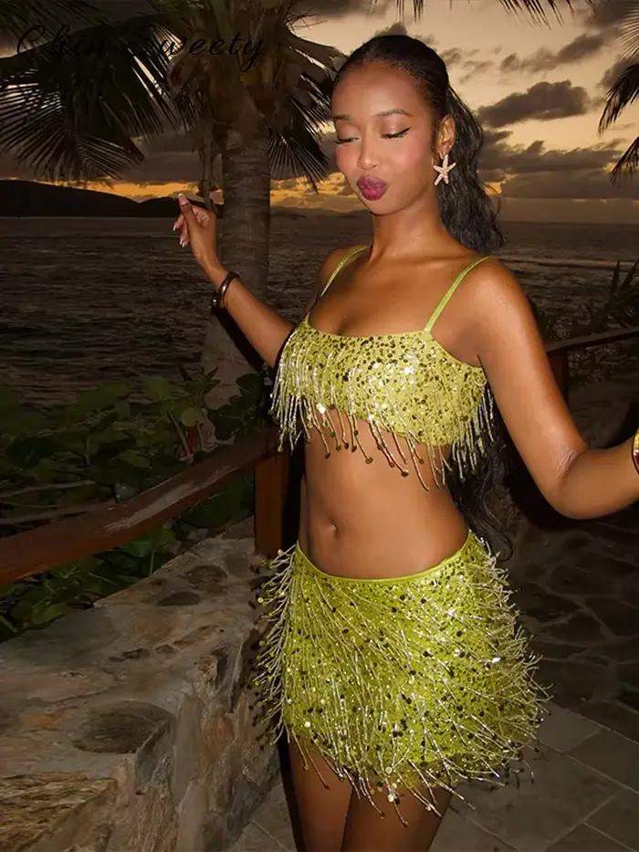 Sexy gland paillettes a-ligne Mini jupe courte femmes solide mince hanche paquet jupes 2025 printemps été dame fête plage vêtements d'extérieur nouveau