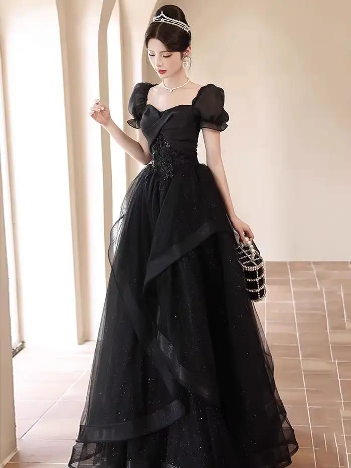 Robe de Soirée Longue Noire pour Femme, Tenue Française, Haut de Gamme, Manches Bouffantes, Demoiselle d'Honneur, Mariage, Nouvelle Collection