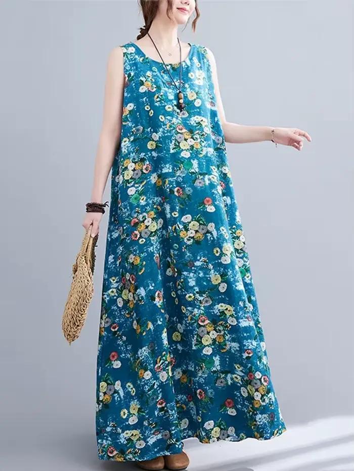 Robe longue décontractée maxi sans manches en coton et lin