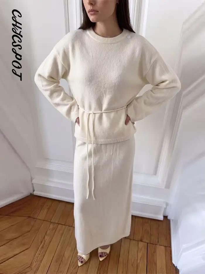 Ensemble 2 pièces jupe longue et pull tricoté pour femme – Élégant, col rond, manches longues, lacets, maille, jupes droites, tenues chics pour le bureau