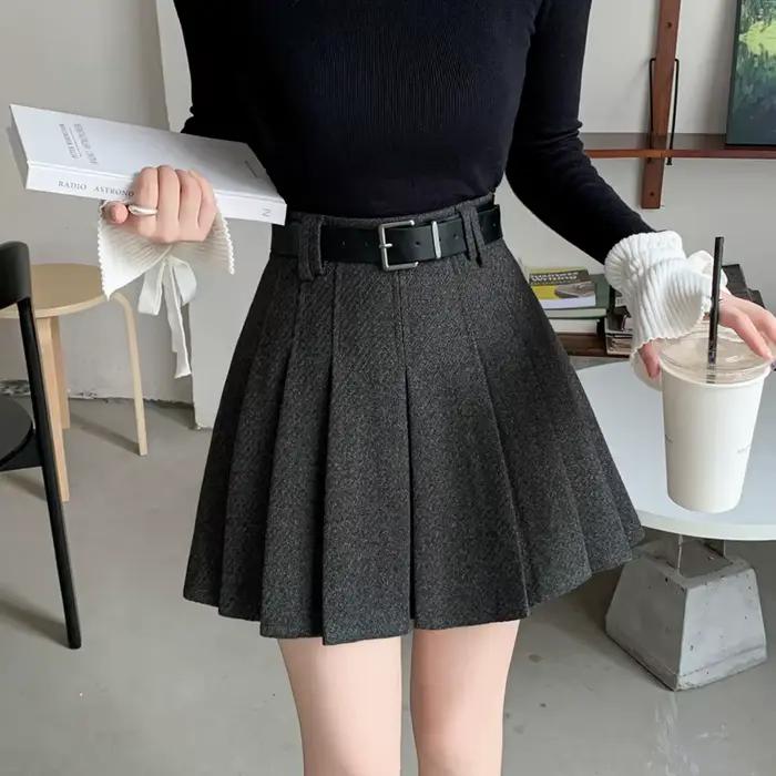 Vintage hiver plissé Mini jupe femmes Streetwear taille haute laine mignon patineuse jupes avec short ceinture gris noir