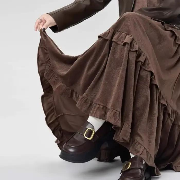 Jupe d'automne et d'hiver, jupe épissée avec oreilles marron et noires, nouvelle jupe gâteau pour femmes, grande jupe parapluie plissée