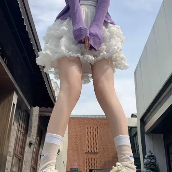 Jupe mi-longue décontractée taille haute en dentelle blanche et maille