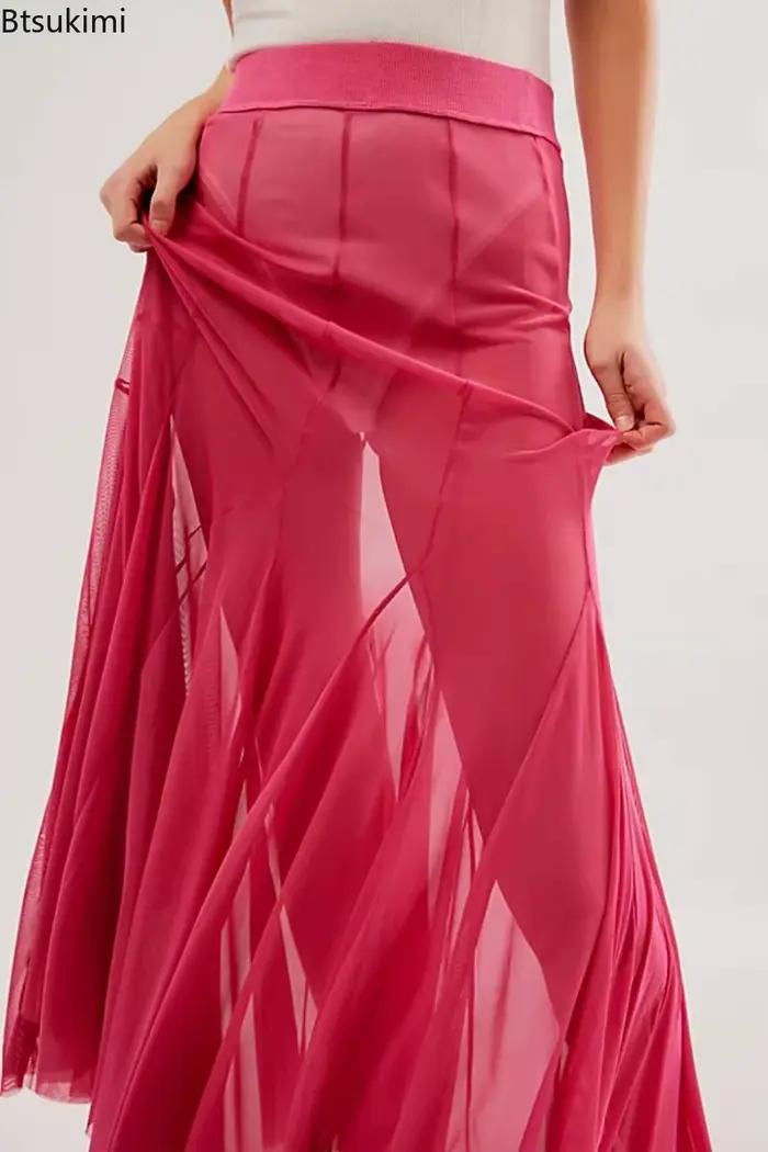 Nouvelles Jupes Longues Sexy en Maille Transparente pour Femmes 2026 – Taille Haute Élastique