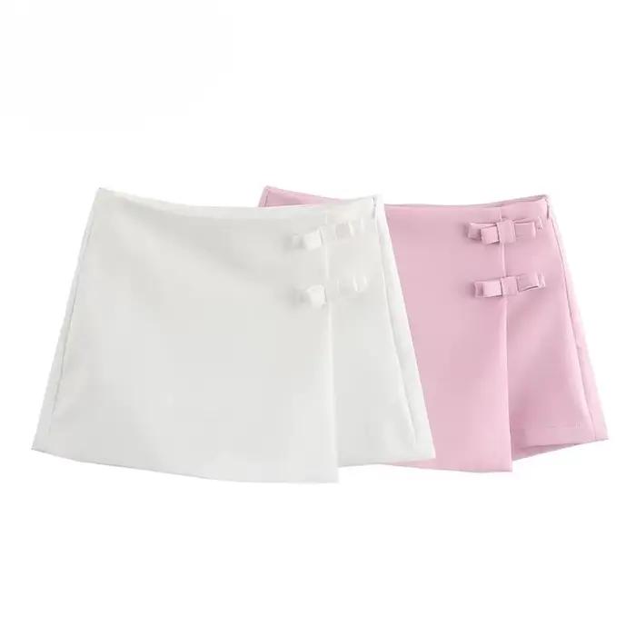 Mini Jupe Rose Blanche Avec Nœud Papillon Pour Femme Occasionnels Spéciaux Haute Taille Courte Fendue Polyestère