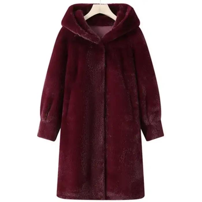 Manteau de fourrure long et épais à capuche doublé de fourrure pour femmes, manteau de fourrure du nouvel an rouge Ankor pour femmes, manteau de fourrure de nouveau Style pour femmes