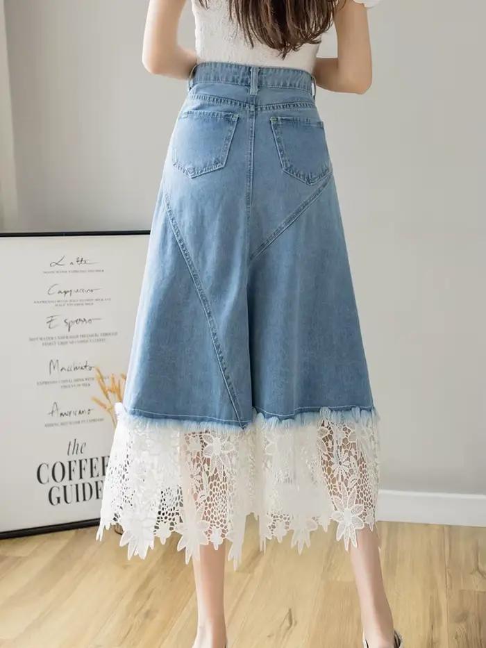 Jupe en jean évidée en dentelle patchwork vintage pour femmes, mode coréenne, taille haute, midi, denim, fermeture éclair, décontracté, élégant