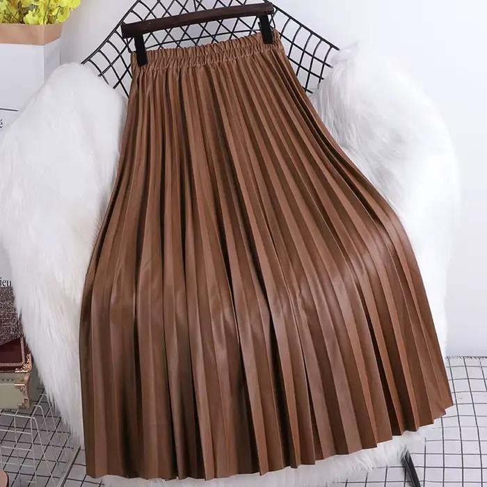 Jupe plissée mi-longue en cuir PU pour femmes, nouvelle collection automne/hiver 2021, taille haute coréenne, ligne a, cent plis