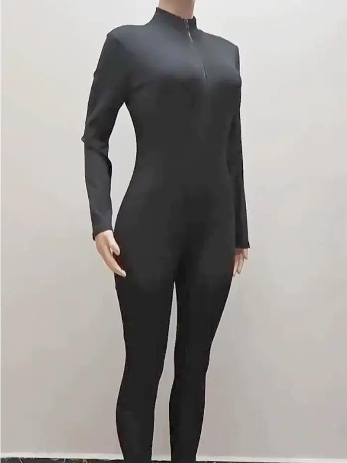 Combinaison longue côtelée zippée pour femme 2025 – Le summum de la mode athlétique, combinaison à manches longues, col en V zippé, body long