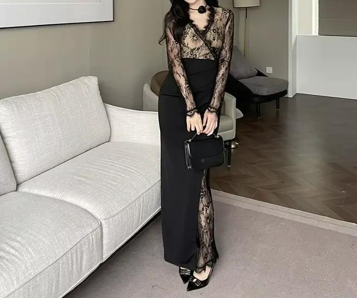 Robe noire en dentelle Patchwork à manches longues pour femmes