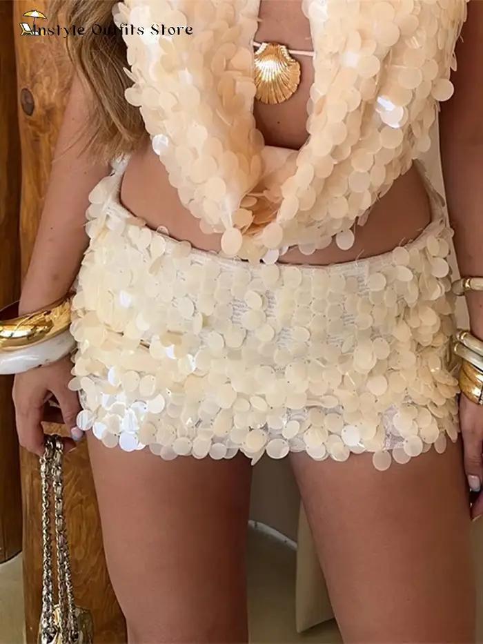Mini jupe à paillettes pour femmes, ensemble de vacances d'été, col bénitier, col licou, haut court, dos nu, au-dessus du genou, ensembles de plage blancs