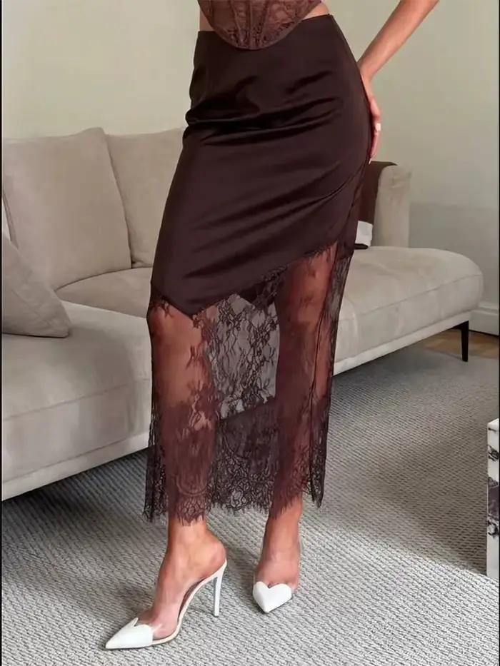 Trendix femmes Patchwork dentelle jupes 2025 nouvelle taille haute mince évider Maxi jupes automne marron mode fête Club Boho jupe