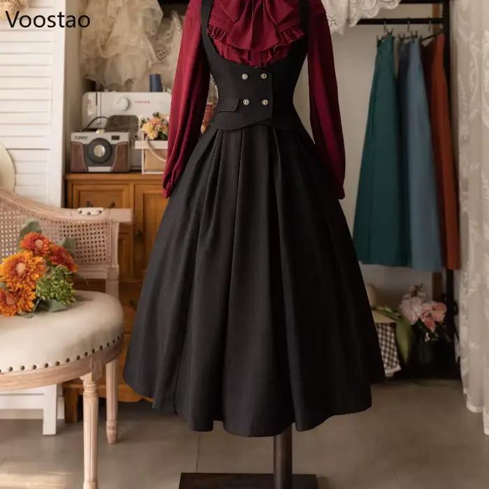 Jupe mi-longue vintage victorienne élégante et douce boutons Y2K silhouette préppy automne-hiver coton polyester drap fin Coupe régulière Mi-mollet
