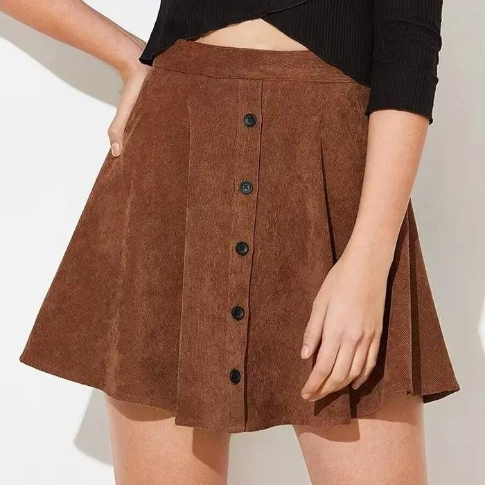Mode velours côtelé Mini jupes pour femmes simple boutonnage jupe femme automne hiver Chic taille haute parapluie