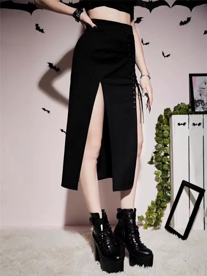 Jupe Rock pour femme, style gothique, fente haute, mi-longue, Harajuku, rétro, Kawaii, Y2K, vintage, noire, gothique, style coréen