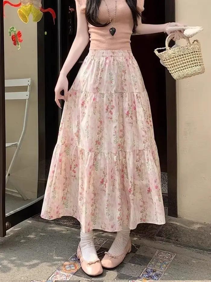 Zoki mignon jupes longues à fleurs femmes élégant taille haute rétro jupe douce japon décontracté ample tout Match