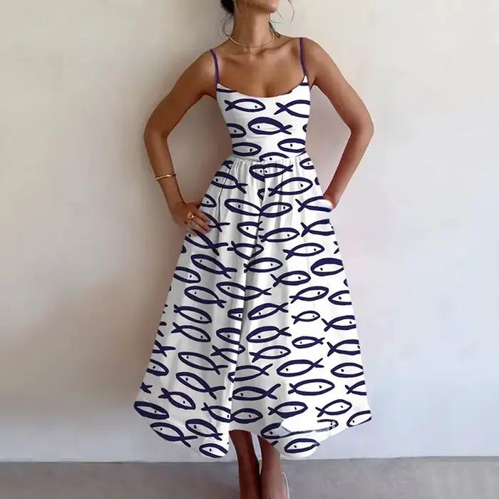 Robes longues élégantes pour femmes, nouvelle tendance d'été, col carré, épaules dénudées, sans manches, longueur au dos, robe imprimée