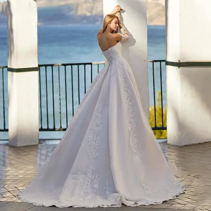 Robe de mariée élégante en satin blanc 2026, col cœur, manches longues, appliques, laçage, pour femme - Vestidos De Novia
