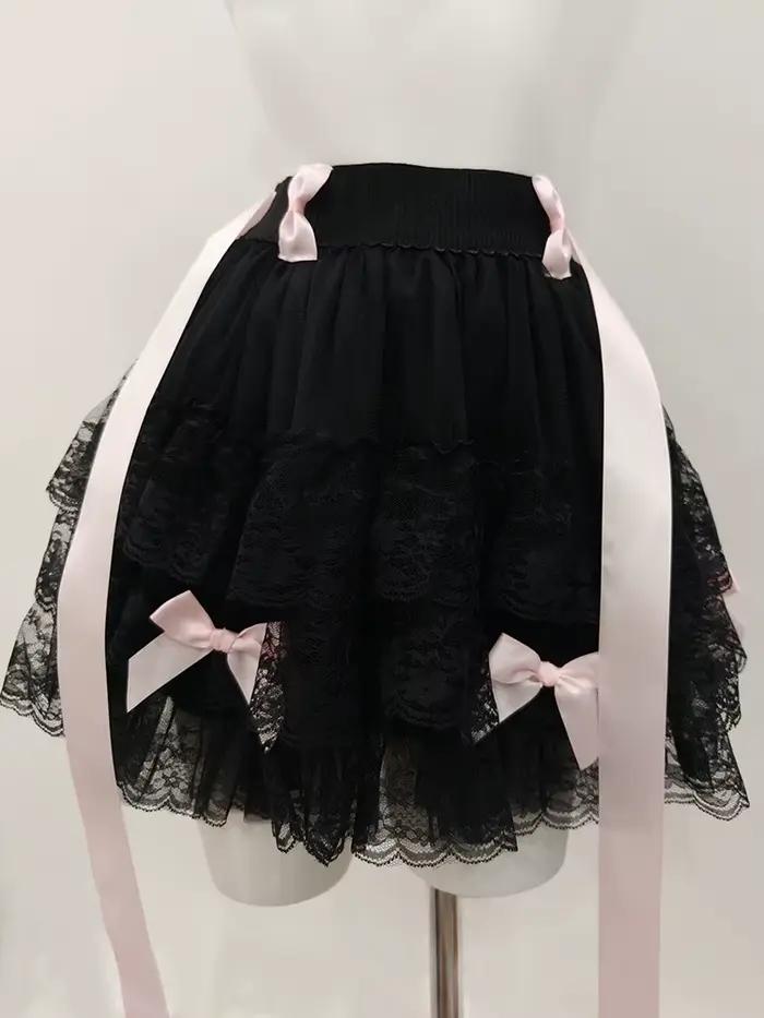 Jupes en dentelle multicouches pour filles douces, rubans d'été, nœuds décoratifs, taille élastique, style Lolita, jupe blanche, vêtements Kawaii