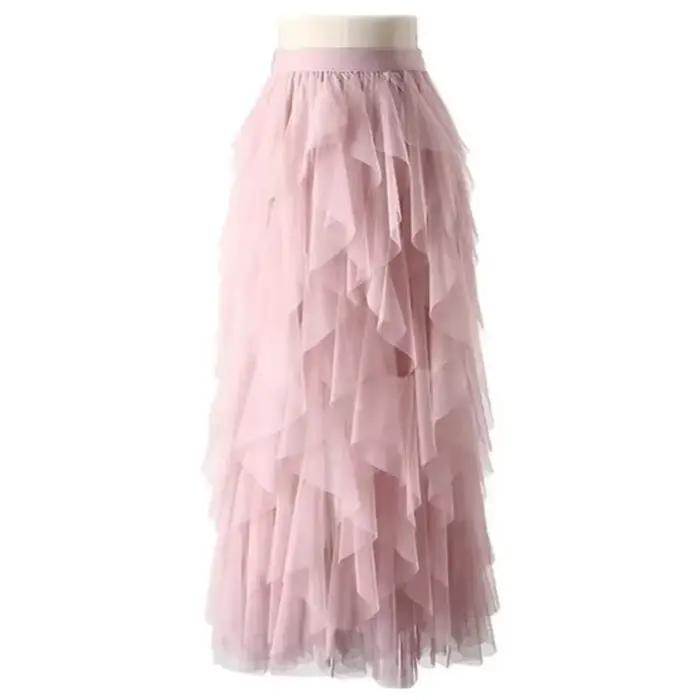 Jupe longue plissée en tulle et gaze à taille haute pour femme