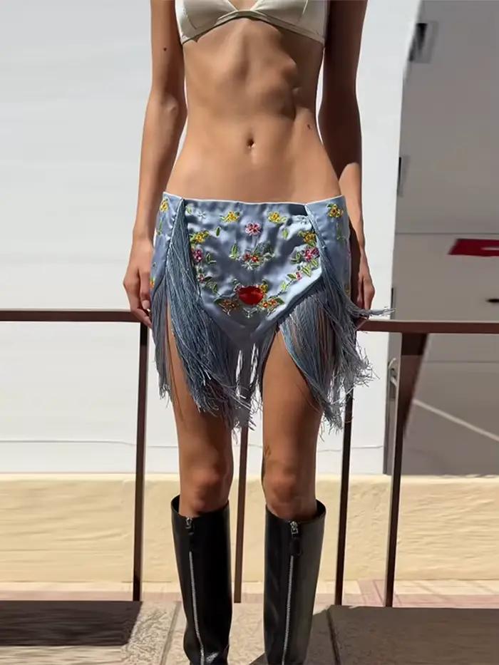 Jupe Courte Irrégulière Chic pour Femme avec Broderie et Franges