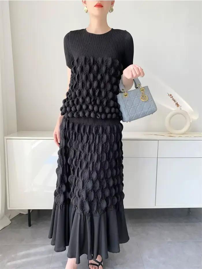 Ensemble Miyake Jupe à Bulles Pliée à la Main Haut à Manches Courtes Style Bohème Nouvelle Collection Printemps Été 2025 Occasions Spéciales Femmes