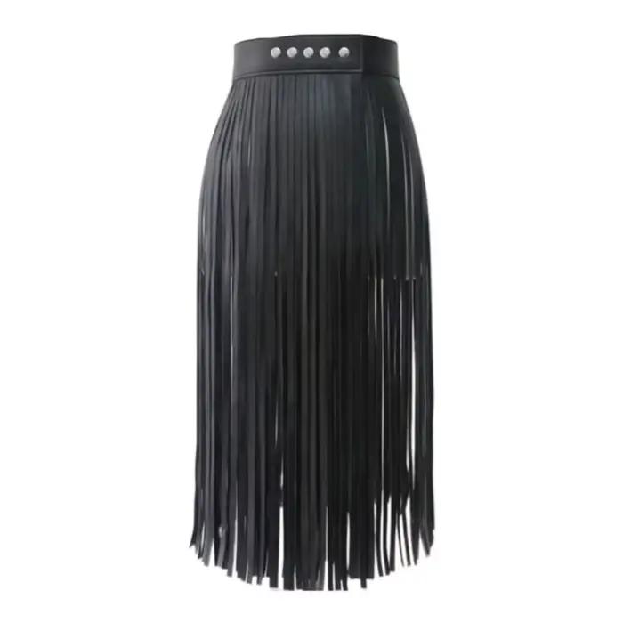 Jupe longue à franges et pompons en similicuir, taille haute, ajustable, style punk rock bohème, avec ceinture, pour tenue de club