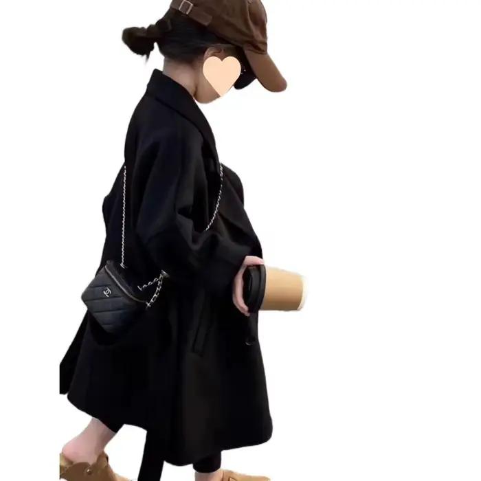 Manteau en laine mi-long pour enfants, manteau simple, noir, style français, garçon, fille, printemps, automne