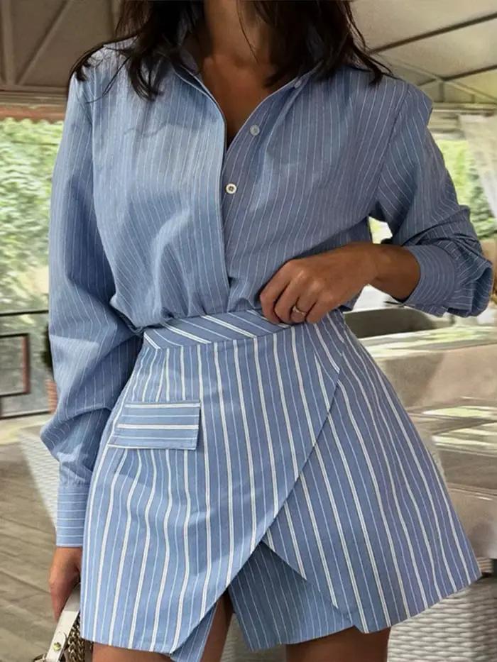 Ensemble 2 pièces jupe et chemise rayée pour femme, style bureau chic, polyester mélangé, asymétrique, pour parties et sorties entre amis