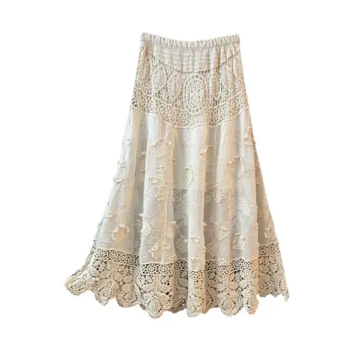 Jupe midi trapèze élégante en dentelle brodée lourde pour femme, collection Printemps 2026, taille haute, coupe ample, style féerique, en tissu de coton