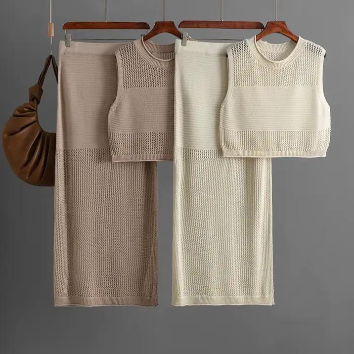 Jupe costume femmes tricot 2 pièces ensembles haut gilet jupes longues évider tricoté Ensemble