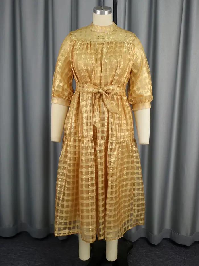 Robe Mi-Longue Élégante à Manches Demi Lanterne pour Femme, Col Rond, Plaid, Décontracté, Travail de Bureau, Soirée, Ligne A, Boule, Quelle que soit la Tenue d'Été