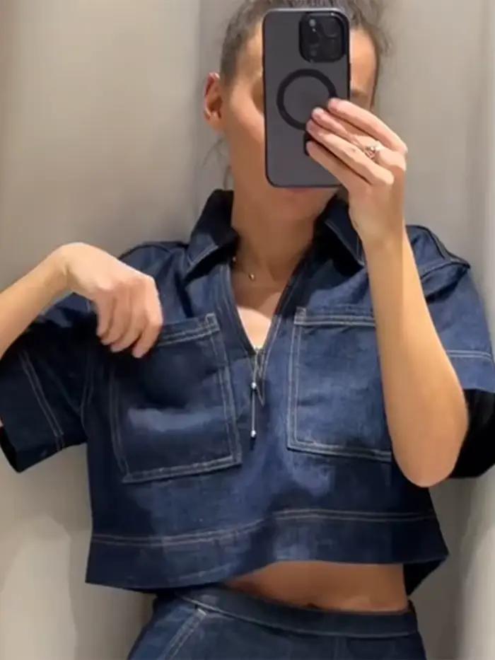 Ensemble chemise et jupe en jean pour femmes, 2 pièces, avec chemises à manches courtes, Mini jupes asymétriques pliables, tenues Streetwear d'été pour dames, 2025