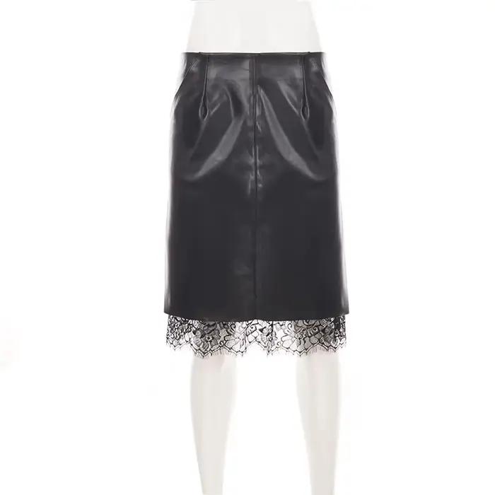 Jupe midi en similicuir pour femmes, taille basse, ourlet en dentelle, jupe crayon ajustée, noire unie, jupe moulante mi-mollet, vêtement de club et de rue.