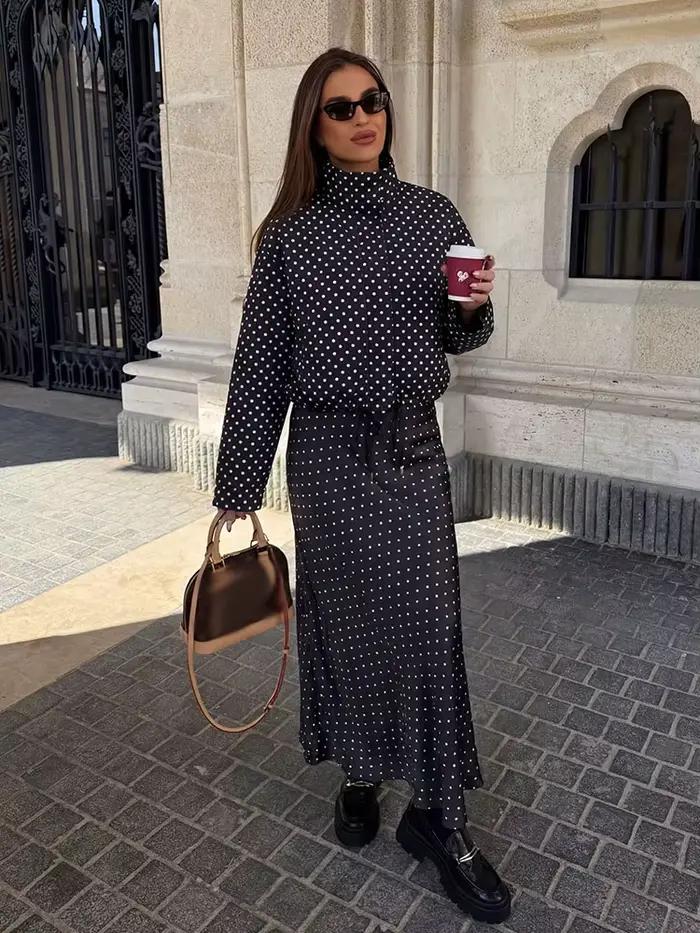Ensemble jupe et manteau vintage noir à pois pour femme HH – Veste à col roulé à manches longues