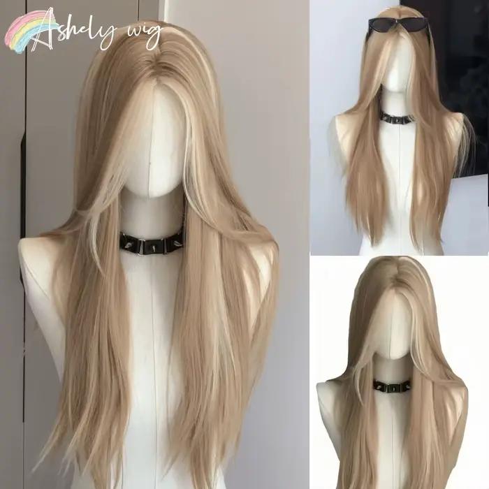 Perruque Blonde pour femmes longue ligne droite Blonde marron perruque asiatique américaine dentelle avant perruque synthétique pour usage quotidien Cosplay Ombre Peluca