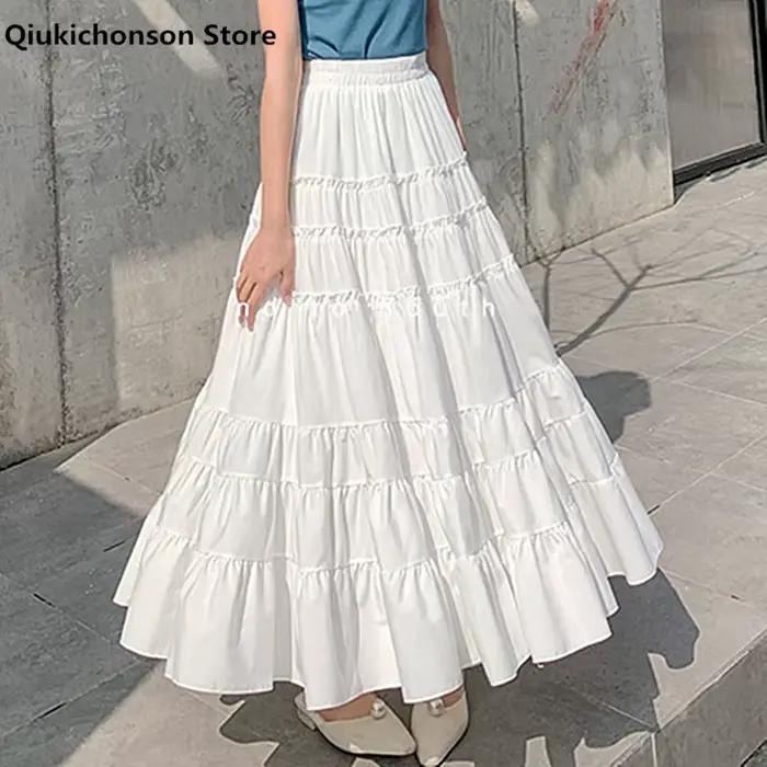 Qiukichonson-Jupe mi-longue en mousseline de soie pour femme, jupes d'été mignonnes, coutures à froufrous, taille haute, ligne A, volants, blanc, noir, mode