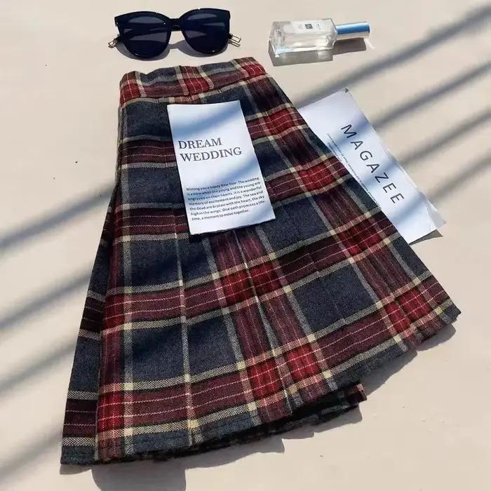 Jupes plissées en laine à carreaux pour femmes automne hiver taille haute Preppy chaud Mini