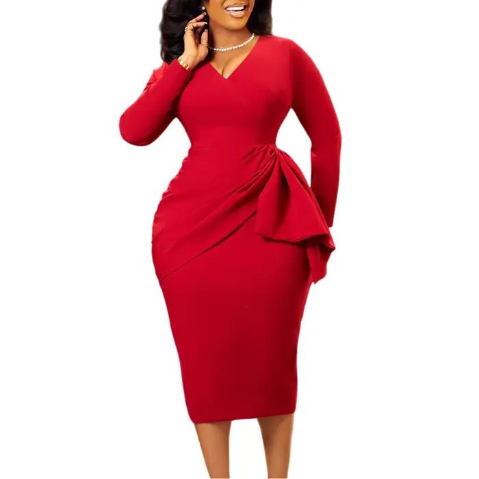 Robe mi-longue sexy pour femme, style Y2K streetwear, élégante, à empiècements, col en V, manches longues, taille haute, pour soirée