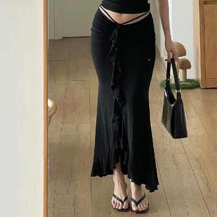 Jupe plissée mi-longue taille basse pour femme