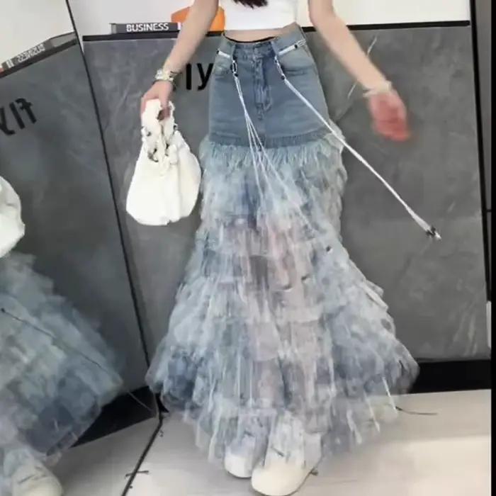 Jupe mini trapèze en jean tie-dye bleu pour femme